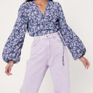 Nasty Gal Womens Floral Print Balloon Sleeve Wrap Blouse In Purple